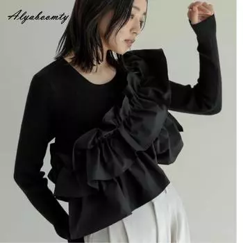 2025 Корейский стиль Весна Осень Женский свитер с круглым вырезом Бежевый Черный Вязаный пуловер Вязаные оборки Женский Стильный Базовый Топ One Size чёрный