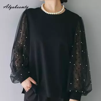 2025 корейский стиль весна осень женская футболка короткая с круглым вырезом черная белая пэчворк сетка рукав фонарь топ бисер свободная рубашка с разрезом One Size белый