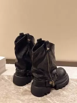 2025 Кожа PU Весенние Туфли с Круглым Носком Мотоботы Женские Ботильоны Женская Мода Труба Осенние Мокасины 35 чёрный