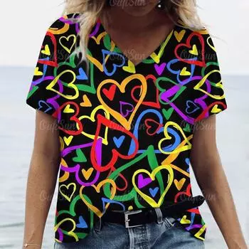 2025 Красочные принты Летние футболки с V-образным вырезом для женщин 3D Цветочная эстетика Повседневные свободные топы Модные футболки Harajuku Рубашки S