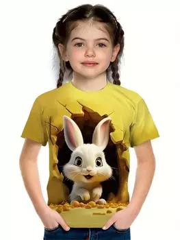 2025 Кролик Животное 3D Принт Модные Смешные Футболки Для Девочек Летние Топы С Короткими Рукавами Футболки Повседневные Футболки Одежда Для Девочек 110