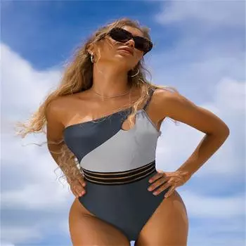 2025 купальник женский контрастный бикини цельный купальник сращивание S серо голубой