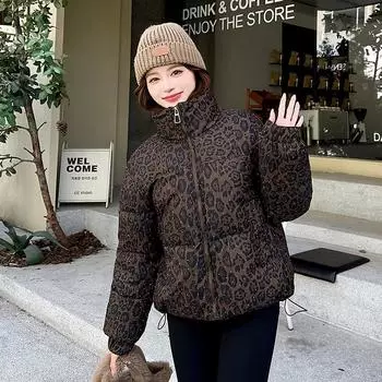 2025 leopard print women s cotton jacket stand-up collar fashion winter new loose and versatile padded jacket warm jacket trend M