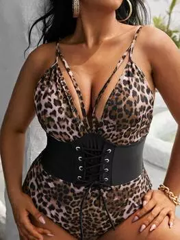 2025 леопардовый принт плюс размер купальник женский пуш-ап полый большой цельный купальник с открытой спиной пляжный большой купальный костюм 1XL леопардовый