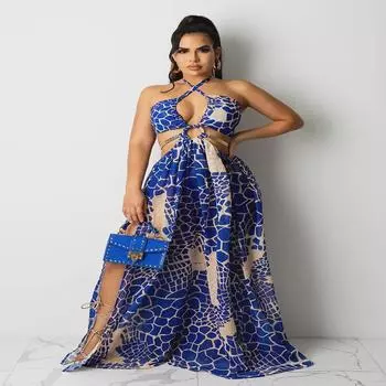 2025 Летнее макси-платье с цветочным принтом и открытой спиной для женщин XXL светло-синий