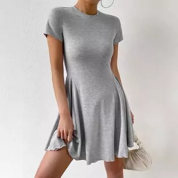 2025 летнее модное облегающее серое мини-платье А-силуэта для женщин, мягкое облегающее платье с круглым вырезом, повседневное, с коротким рукавом, эластичная плиссированная юбка для женщин S