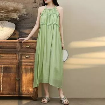 2025 летнее новое нежное ветровое однотонное платье сказочный отпуск сказочный кружевной вышитый жилет длинное платье без рукавов M зелёный