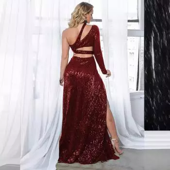 2025 летнее новое платье с косыми плечами и открытыми плечами, юбка, сексуальное банкетное платье с высокой талией S бордовый