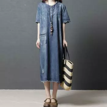 2025 летнее новое повседневное свободное платье большого размера в стиле ретро с короткими рукавами средней и длинной длины с бахромой из состаренного денима M синий