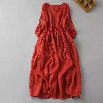 2025 летнее новое простое и элегантное французское полое платье с вышитым V-образным вырезом, платье из хлопка и льна для женщин M зелёный