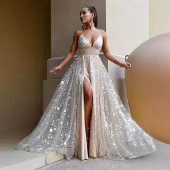 2025 летнее новое сексуальное платье с глубоким V-образным вырезом, длинное платье с разрезом и гладильной пленкой S абрикосовый