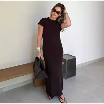 2025 Летнее однотонное трикотажное макси-платье для женщин, элегантное модное облегающее платье с коротким рукавом для праздников, повседневное платье А-силуэта, новое S глубокая кофе