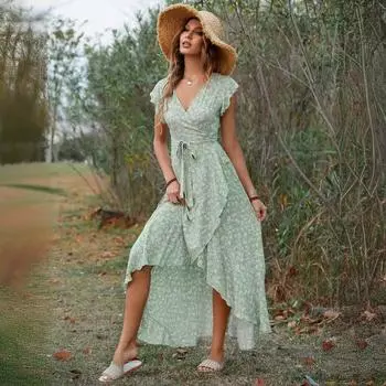 2025 Летнее платье для пляжного отдыха в стиле бохо, мужское, хлопковое, с принтом, V-образным вырезом, на бретелях, облегающее, свободное платье S зелёный