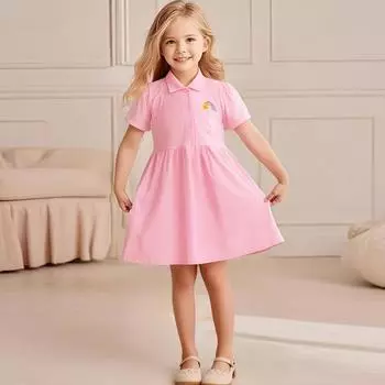 2025 летнее платье-поло из чистого хлопка с вышивкой для девочки, повседневная свободная юбка с коротким рукавом, симпатичные розовые платья для девочек, детская одежда 2Y
