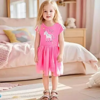 2025 летнее платье принцессы из чистого хлопка с вышивкой в виде мультфильма для девочки, сетчатое сращивание, короткий рукав, свободная юбка, милые платья для девочек, детская одежда 2Y