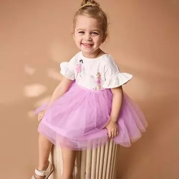 2025 летнее платье принцессы с рисунком из мультфильмов, сетчатое, сращивающееся, для девочки, 100% хлопок, рукава в виде листьев лотоса, свободная юбка, милые платья для девочек, детская одежда 2Y