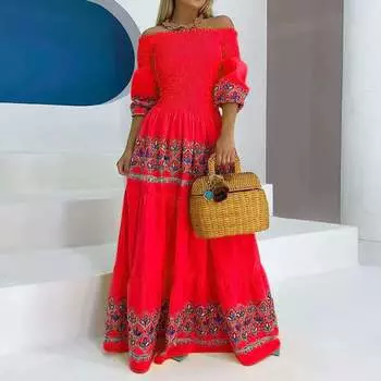 2025 летнее платье с высокой талией, темпераментное, для пригородных поездок, на подтяжках, с вышивкой, свободное, желтое, с этническим принтом, длинное платье, одежда S жёлтый