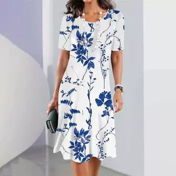 2025 Летнее праздничное платье с принтом в виде мятых цветов, элегантная одежда с короткими рукавами и круглым вырезом, свободное платье в уличном стиле S