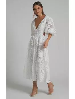 2025 Летнее женское европейско-американское платье с V-образным вырезом, кружевной вышивкой и ажурным узором, длинное Extra Large белый