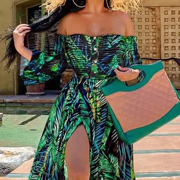 2025 летнее женское платье пляжное сексуальное с разрезом и принтом шваброй пол однотонное платье-маятник на плече S зелёный