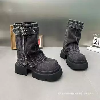 2025 летние ботинки Martin женские, новая джинсовая мода, подиумные ботинки, локомотив, тонкие, короткие ботинки 35 чёрный