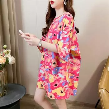 2025 летние футболки большого размера с цветочным принтом в корейском стиле, повседневные футболки с коротким рукавом для женщин в стиле Харадзюку, топы для молодых женщин в уличном стиле M