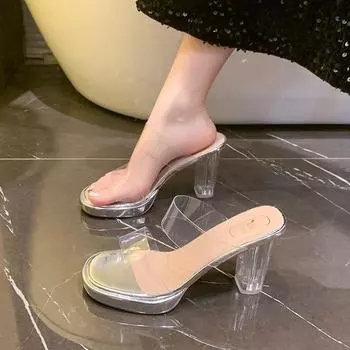 2025 летние импортные туфли большого размера с прозрачными кристаллами на высоком каблуке женские новые стразы верхняя одежда классные тапочки европейские и американские pu Inter 35 серебряный