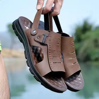 2025 летние мужские пляжные туфли двойного назначения мужские водонепроницаемые, дышащие и нескользящие классные тапочки из натуральной кожи мужские туфли 5266 38 чёрный