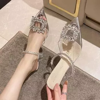 2025 летние нежные феи модные высокие каблуки женские заостренные головки для свиданий прозрачные полутапочки с сумкой на голове средний каблук 35