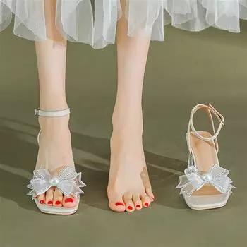 2025 летние новые босоножки на шпильках с пряжкой в одно слово, с открытым носком, на высоком каблуке, с бантом, сетка, модная женская обувь, фея 34