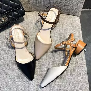 2025 летние новые босоножки на толстом каблуке с универсальным средним каблуком пустые вечерние туфли одинарные туфли на высоком каблуке 35 чёрный