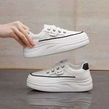 2025 летние новые корейские дышащие маленькие белые туфли полые повседневные туфли на толстой подошве универсальные туфли-кеды YB7306 35 хаки