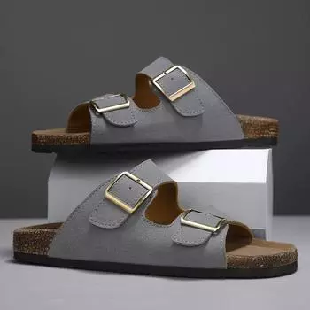 2025 летние новые кожаные пряжки модные пробковые тапочки Birkencool плоские однотонные тапочки обувь 39