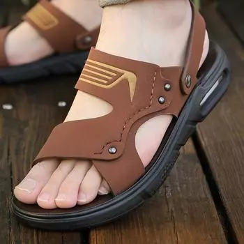 2025 летние новые мужские кожаные дышащие сандалии с воздушной подушкой пляжная обувь повседневные тапочки двойного назначения 2301 38 коричневый