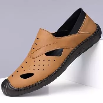 2025 летние новые мужские кожаные сандалии ручной работы онлайн мягкая кожа мягкая подошва полые дышащие пляжные туфли мужские 6205 38 жёлтый