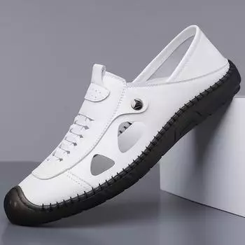 2025 летние новые мужские полые дышащие кожаные туфли мужские ручная работа онлайн мягкие кожаные мягкие подошвы чехлы для ног классные тапочки 6203 38 белый