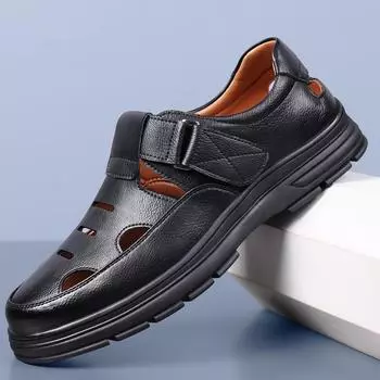 2025 летние новые мужские сандалии из мягкой кожи повседневные дышащие полые застежки-липучки классные кожаные туфли мужские кожаные сандалии 3337 38 чёрный