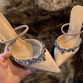 2025 летние новые остроконечные стразы на высоком каблуке, тонкий каблук, шампанское, одно слово, сандалии, полудраг, крутые тапочки, верхняя одежда для женщин 35