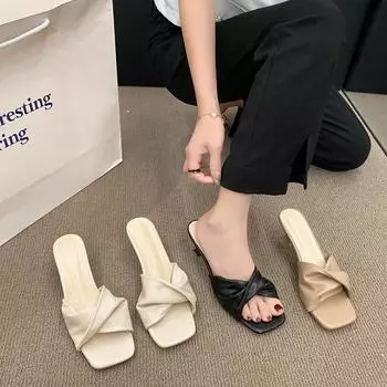 2025 летние новые простые босоножки на высоком каблуке туфли на высоком каблуке французские женские полутапочки 35 чёрный