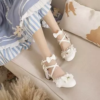2025 летние новые японские туфли с бантом на высоком каблуке с жемчужинами и ремнем с пряжкой сбоку, милые женские туфли на толстом каблуке 34 белый