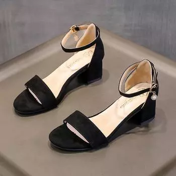 2025 летние новые сандалии большого размера женские модные универсальные босоножки на среднем каблуке с высоким каблуком римские сандалии 35 чёрный