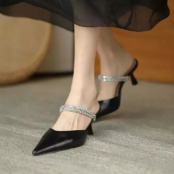 2025 летние новые сандалии с застежкой-мешком женские летние две модели с острым носком на высоком каблуке со стразами снаружи тонкие каблуки классные тапочки 35 бежевый