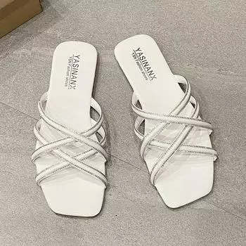 2025 летние новые тапочки большого размера на плоской подошве женские сандалии с перекрестным носком и квадратной головкой с одним словом 35 белый