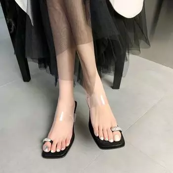 2025 летние новые тапочки тонкий каблук средний каблук квадратный носок прозрачный чехол сандалии на низком каблуке универсальные женские туфли на высоком каблуке 34