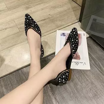 2025 летние новые туфли со стразами женские корейские туфли с бантом и неглубоким носком, закрывающие стопу, заостренные, фея ветер, полые туфли Doudou 35