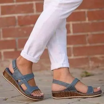 2025 летние новые женские босоножки большого размера с пряжкой на ремне, повседневные пляжные женские босоножки на танкетке 35 синий
