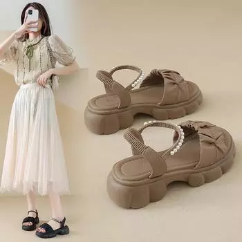 2025 летние новые женские сандалии, темпераментные милые сандалии в стиле феи, интернет-знаменитости, прямая трансляция, удобные сандалии с пряжкой 35 бежевый