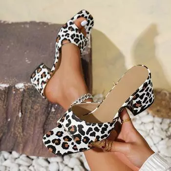 2025 летние новые женские туфли большого размера с квадратным носком и открытым носком на высоком каблуке, классные тапочки, женские босоножки с леопардовым принтом на толстом каблуке 36 бежевый