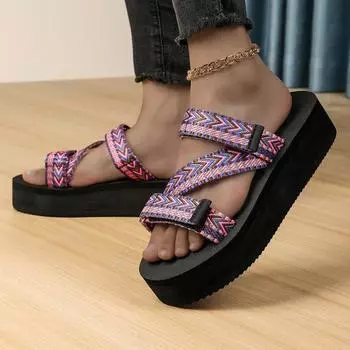 2025 летние новые женские туфли на толстой подошве из ткани в этническом стиле с рисунком «рыбьего рта» в тон пляжные сандалии на липучках большого размера 35 оранжевый