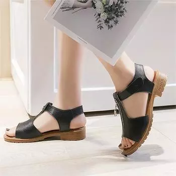 2025 летние новые женские туфли на толстом каблуке с круглым носком сандалии с утечкой на носке импортная торговля модные простые римские туфли на липучке 35 чёрный